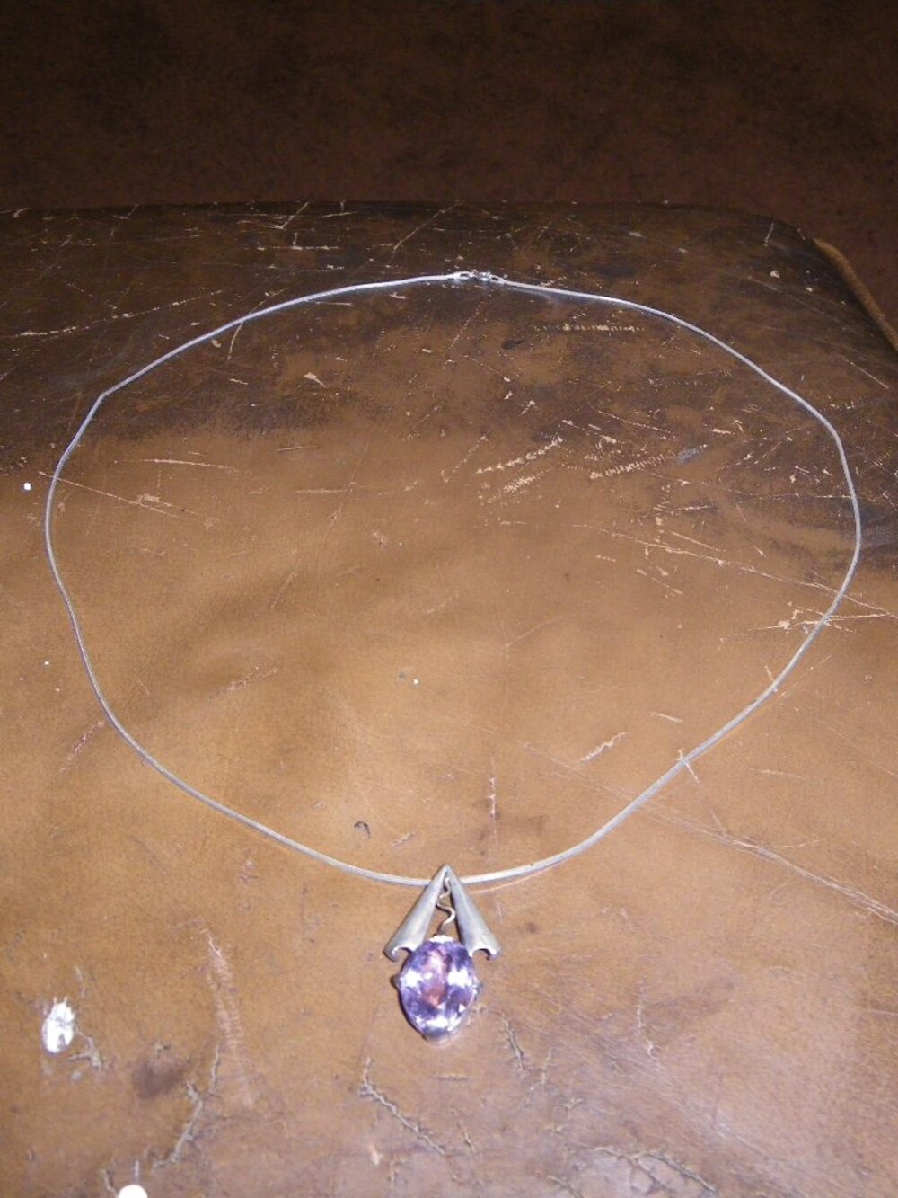Women’s Long Thin Sterling Silver Necklace w/ Large Amethyst Pendant